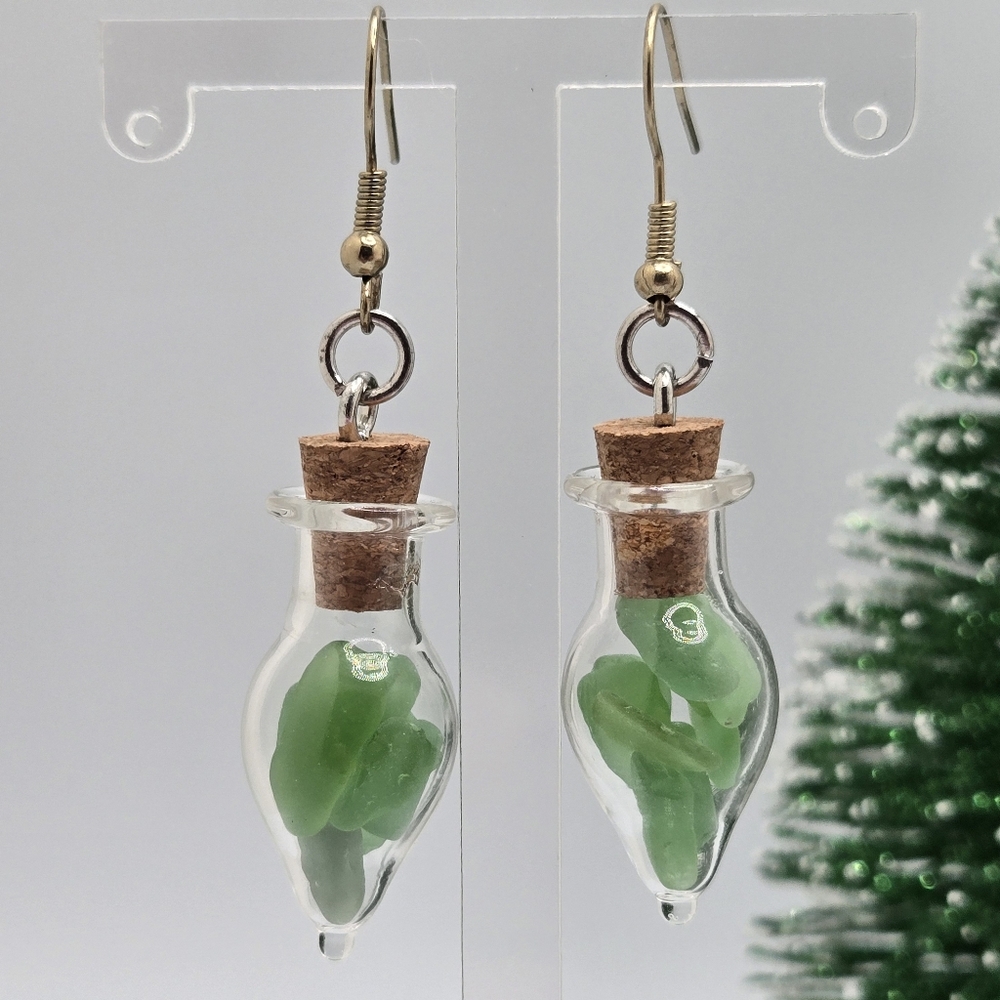 Handmade Moss-in-a-Bottle Dangle Earrings Glass Vials Potion Style New